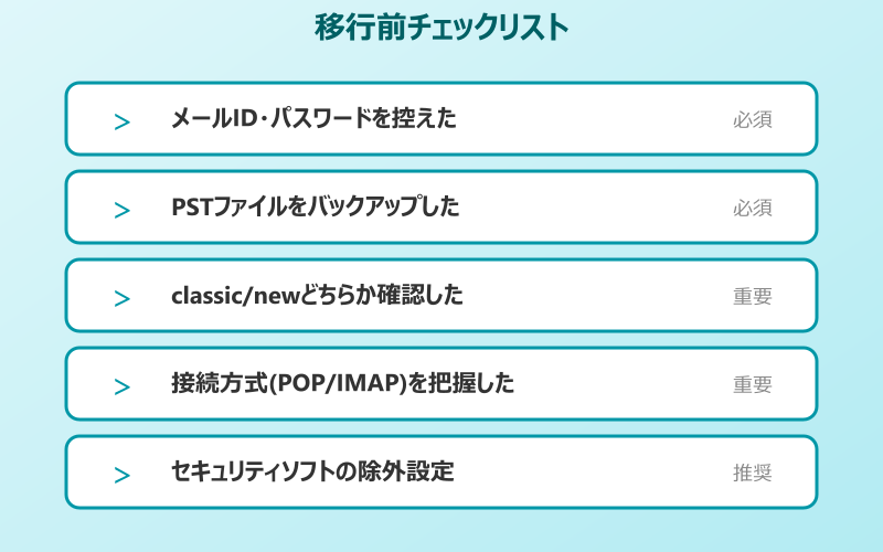 outlookアカウント移行 移行前チェックリスト