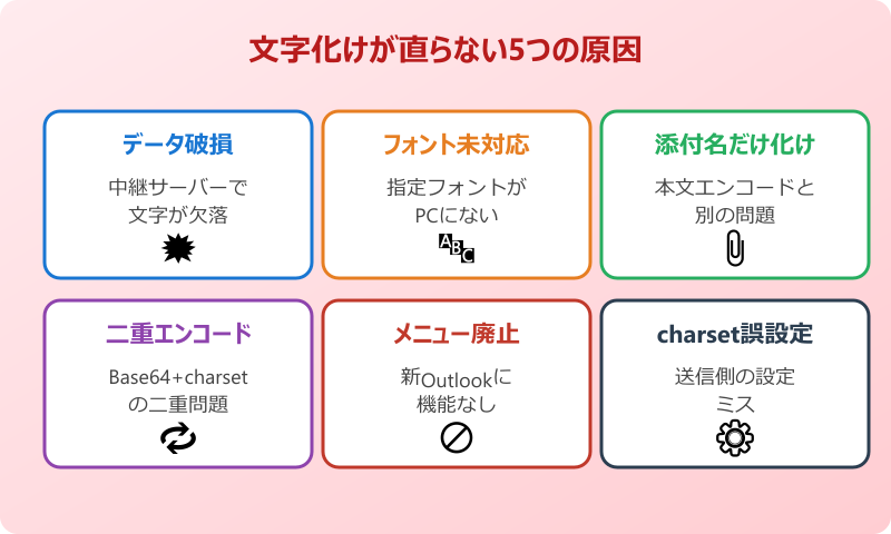 outlook 文字化け エンコード 直らない原因