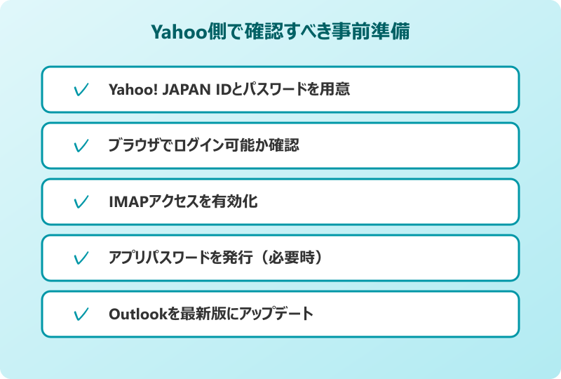 outlook yahooメール設定の事前準備チェックリスト