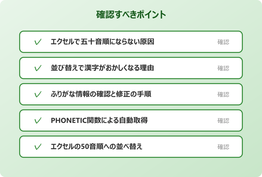 エクセルの50音順への並べ替え