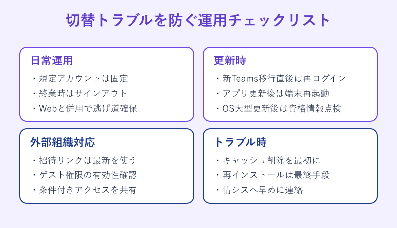 teams アカウント切り替え できない 運用チェックリスト