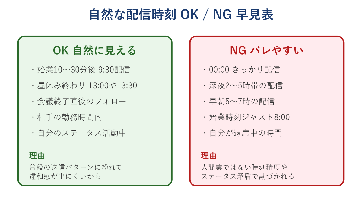 teams 予約送信 バレる 自然な時刻設定とNG例