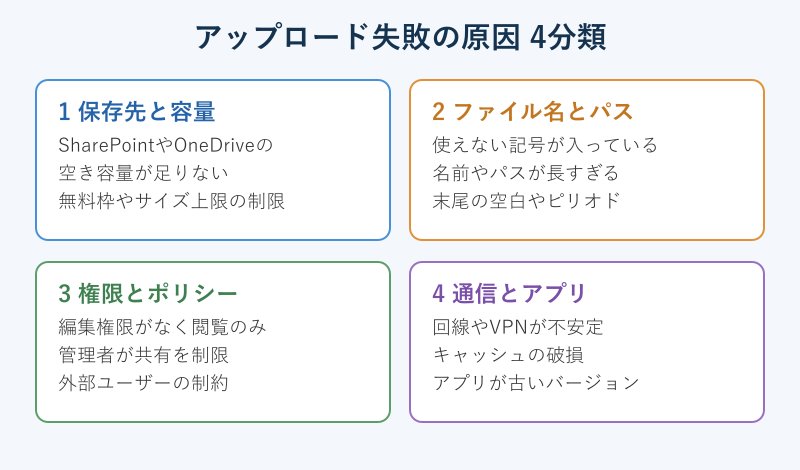 アップロード失敗の原因を4つに分類した図
