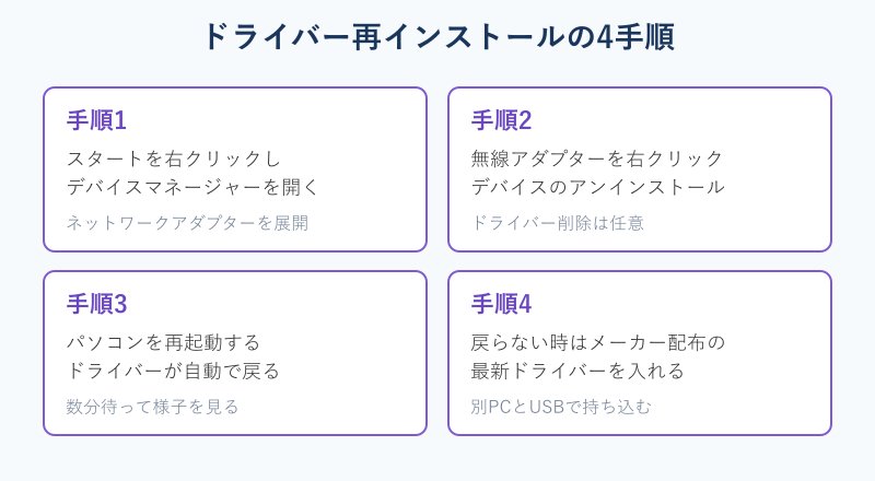 デバイスマネージャーでの再インストール手順図